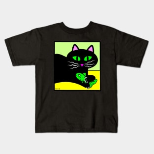 Black Cat with Catnip Fish Kids T-Shirt